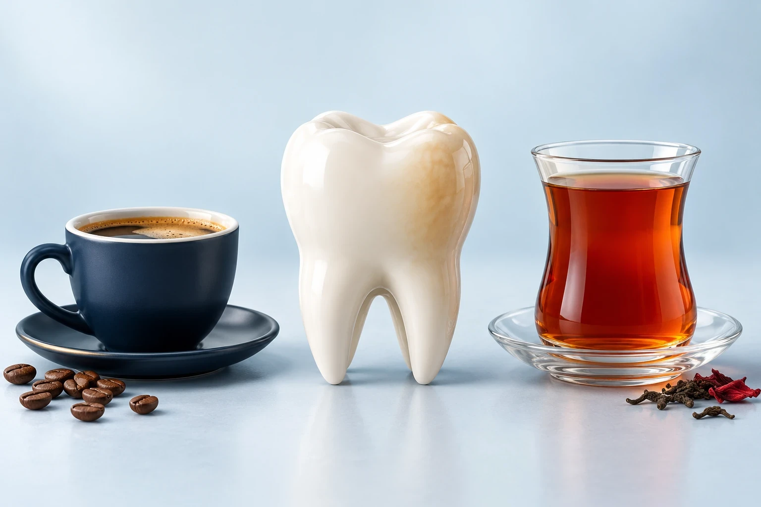 Çay, kahve ve diş modelinden oluşan 3D renklenme sahnesi