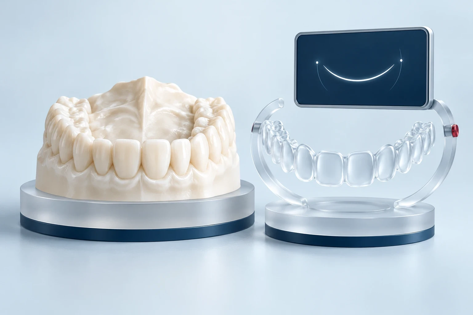 Diş modeli ve saydam dijital planlama yüzeylerinden oluşan 3D sahne