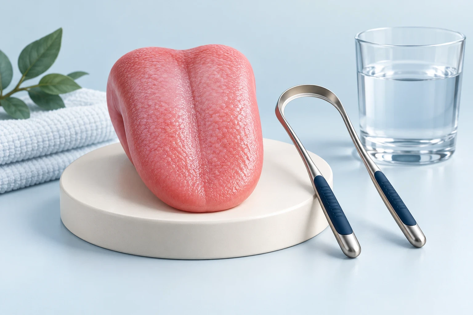Dil modeli ve temizleyiciyle hazırlanmış 3D ağız bakımı sahnesi