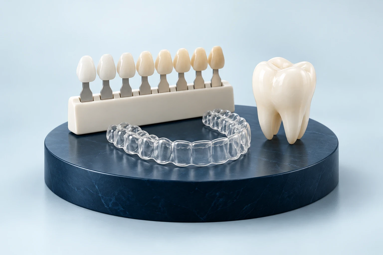 Renk skalası ve şeffaf plakla hazırlanmış 3D beyazlatma kompozisyonu