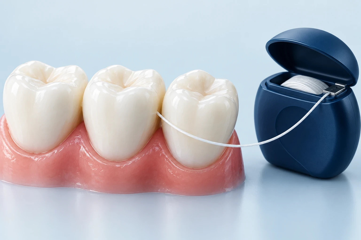Diş aralığındaki ipi gösteren 3D ağız bakımı modeli