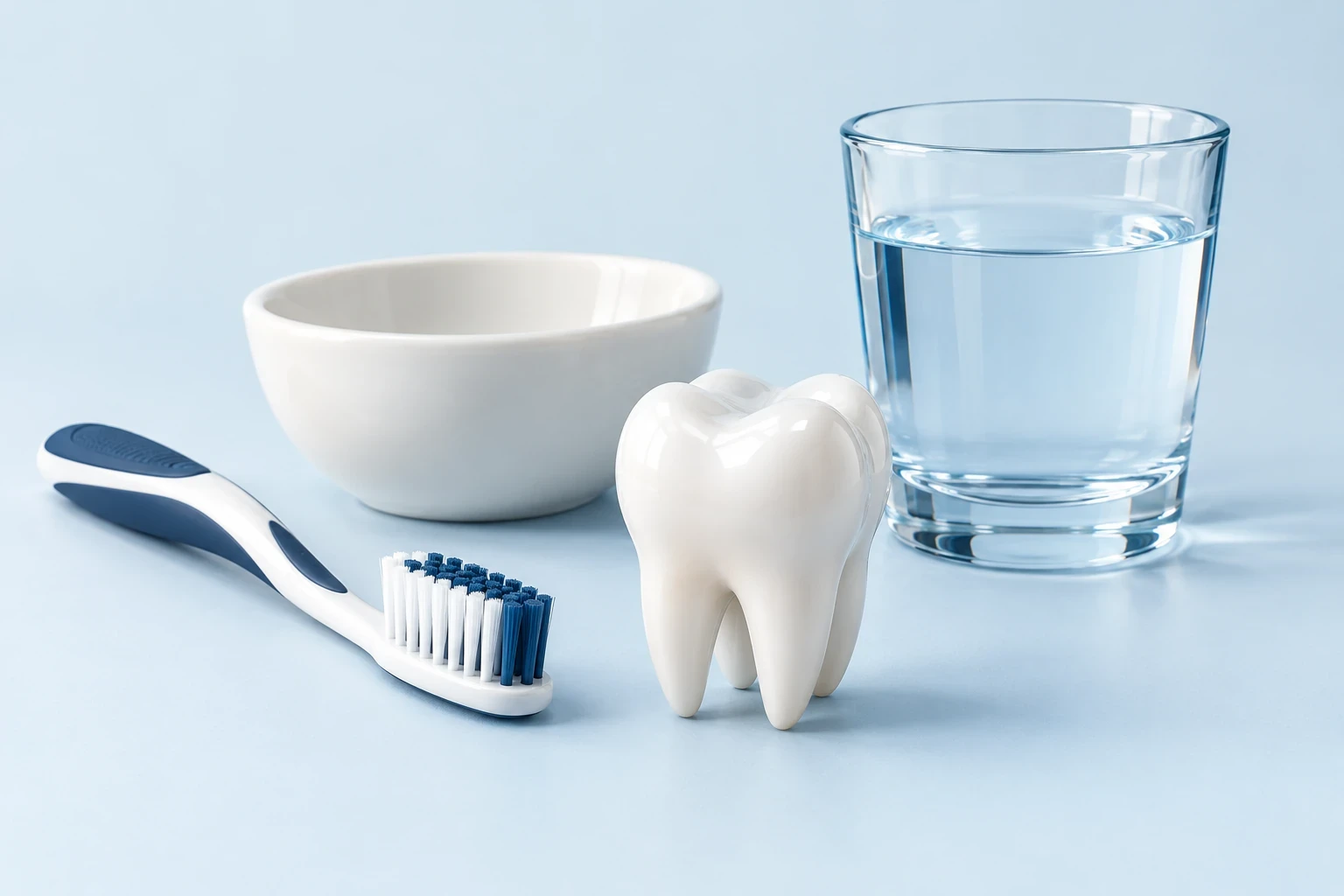 Su bardağı, fırça ve diş modelinden oluşan 3D çalkalama sahnesi