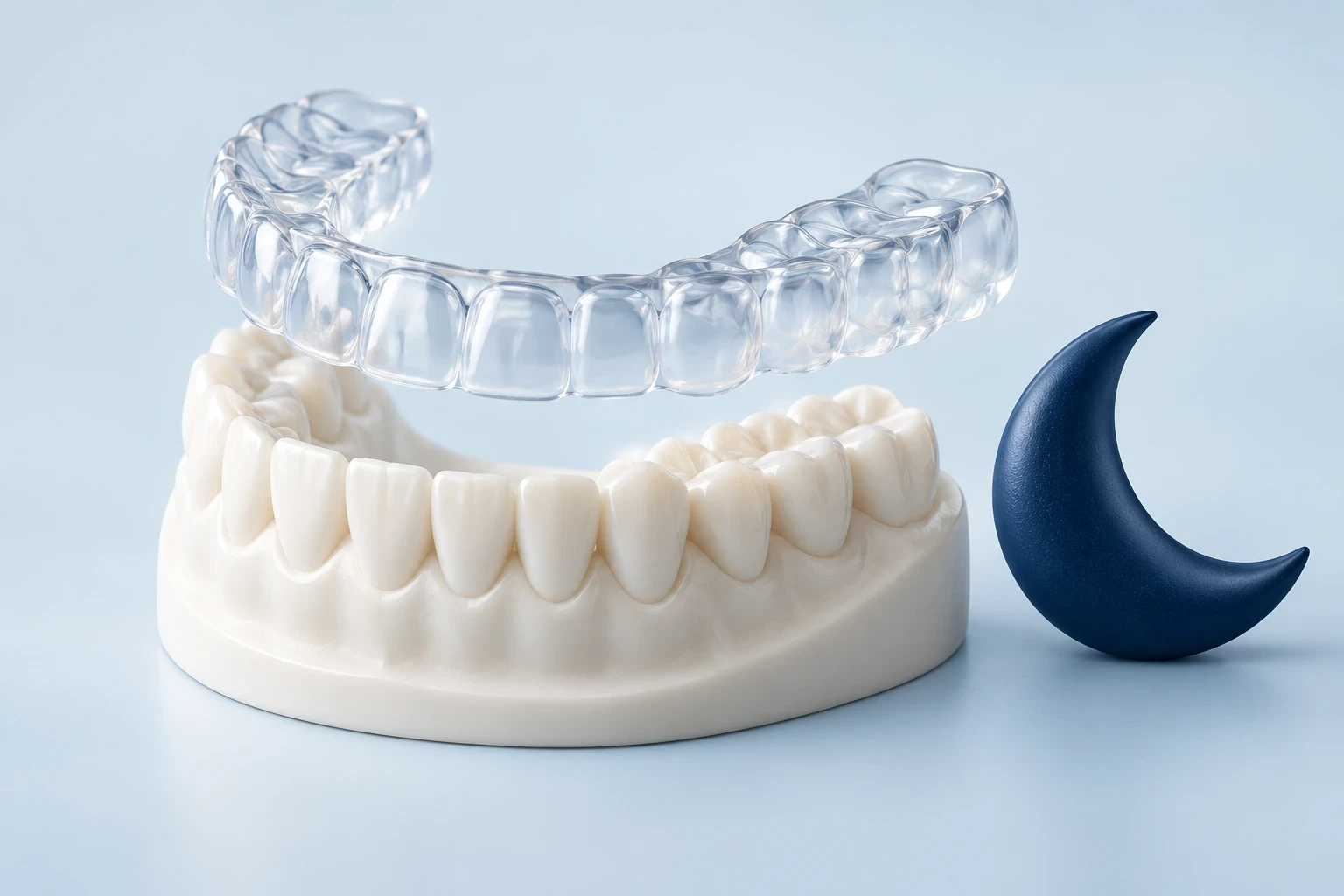 Şeffaf gece plağı ve diş modelinden oluşan 3D kompozisyon