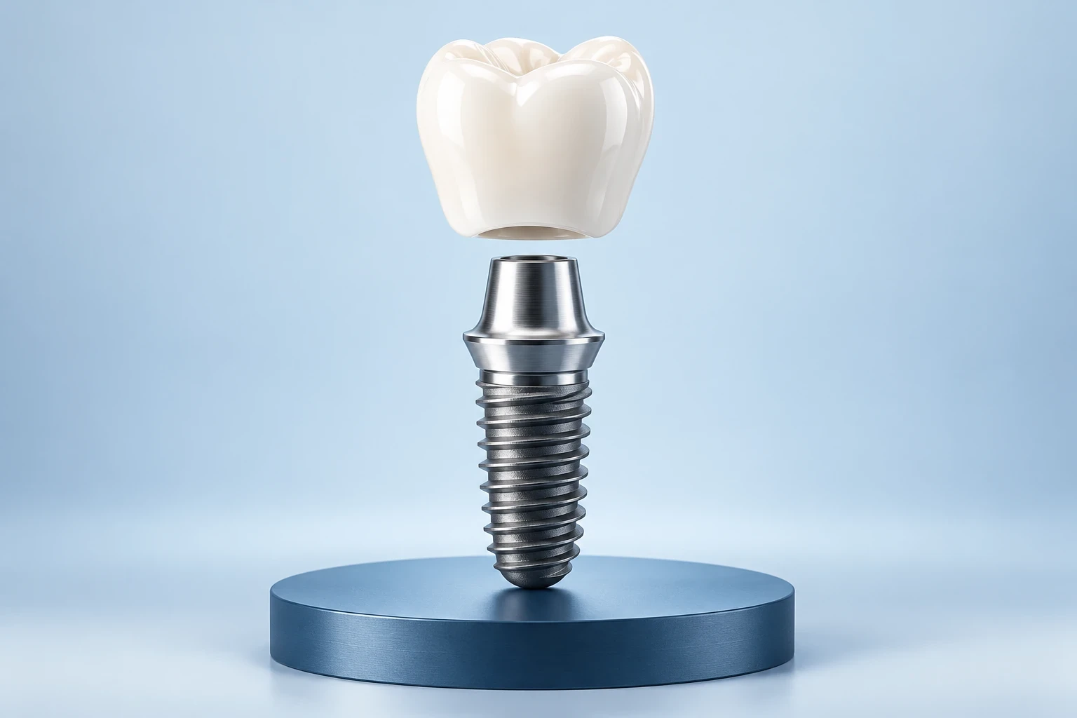Titanyum implant ve porselen diş parçasından oluşan 3D model