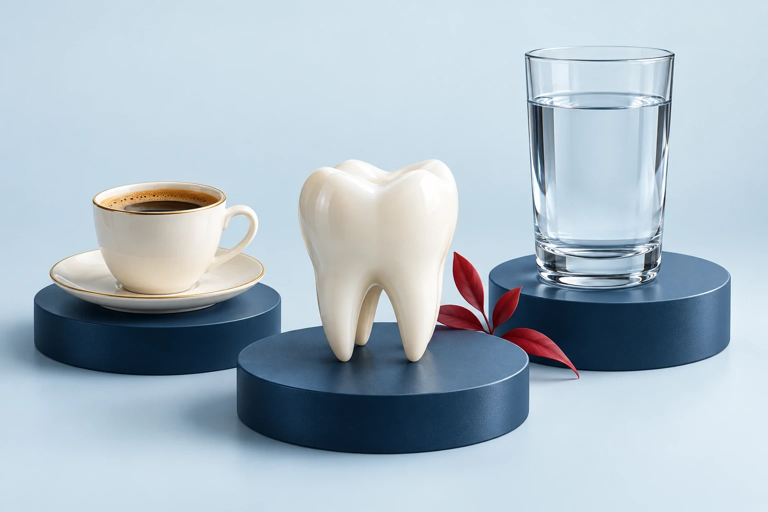 Kahve, su ve diş modeliyle hazırlanmış 3D bakım sahnesi