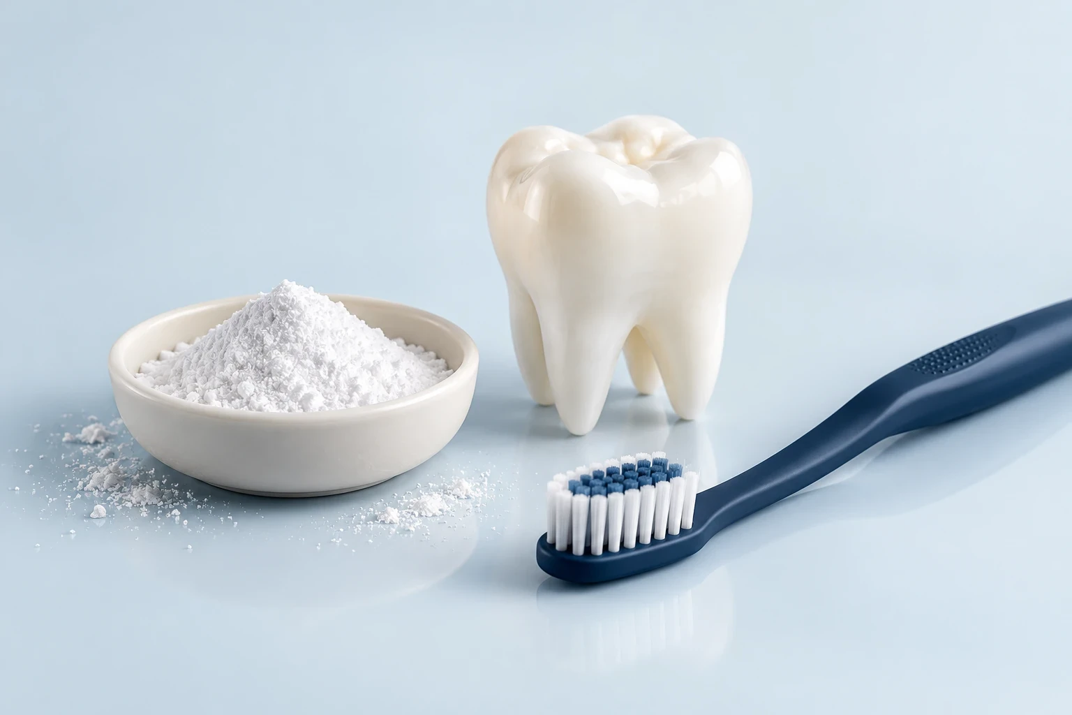 Karbonat kabı, fırça ve diş modelini gösteren 3D bakım kompozisyonu