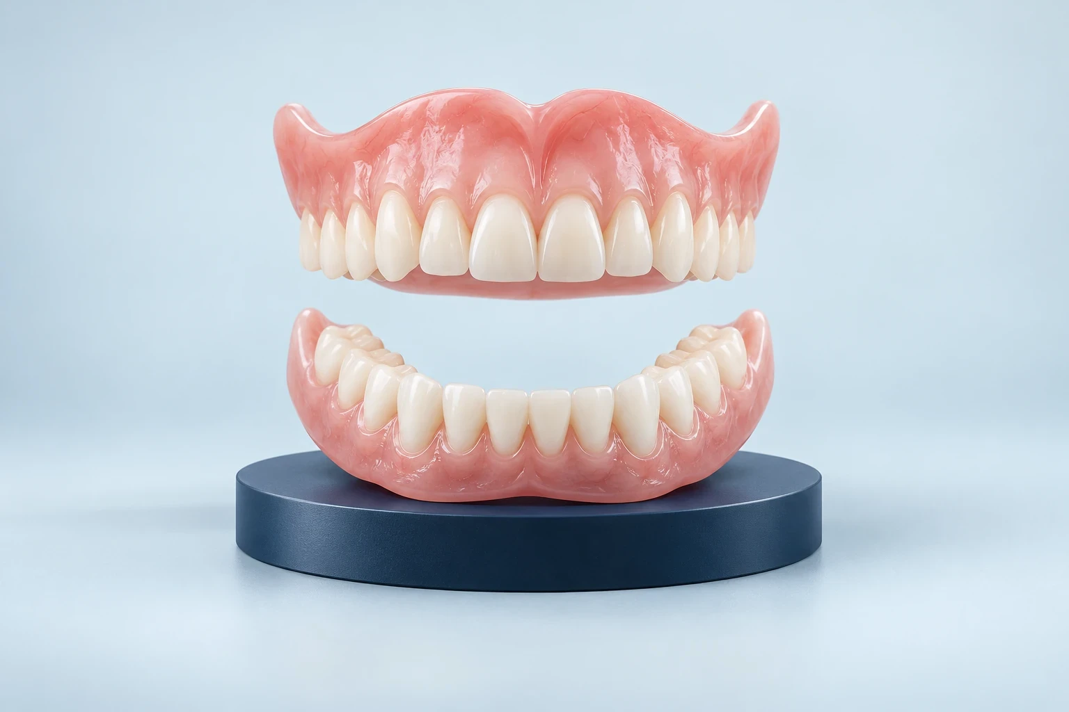 Üst ve alt tam protezleri gösteren 3D diş modeli